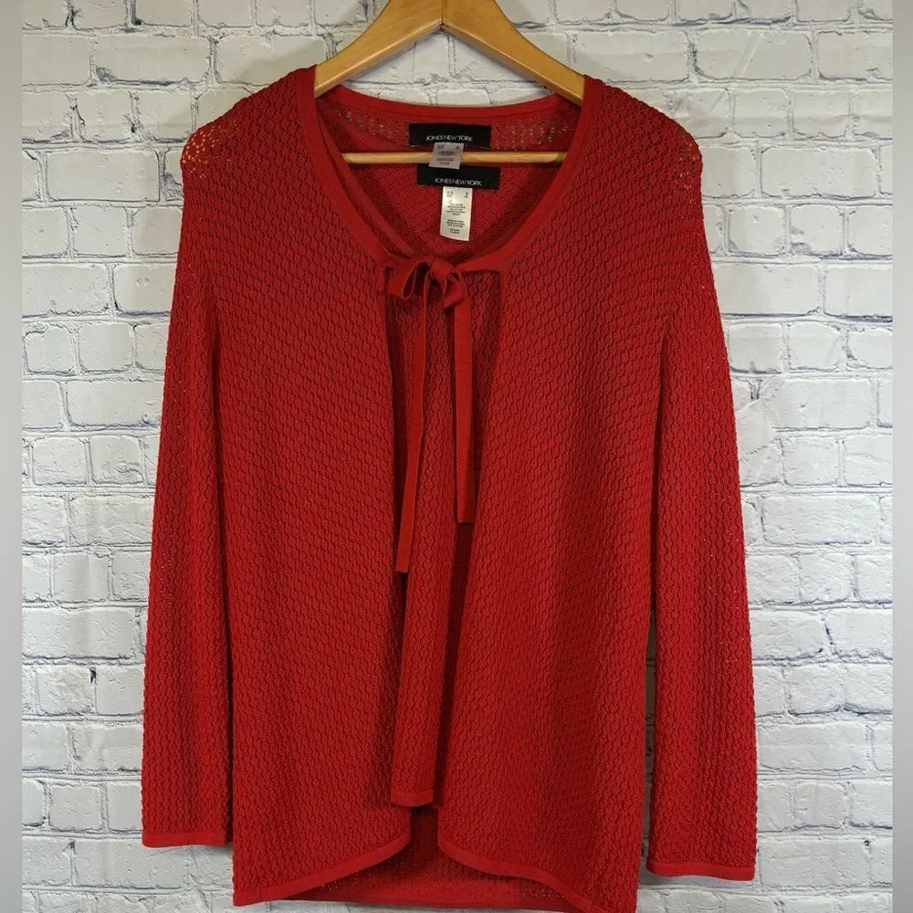 JONES NEW YORK Red Pointelle Textured Vest and Long Sleeve Tie Front Cardigan L